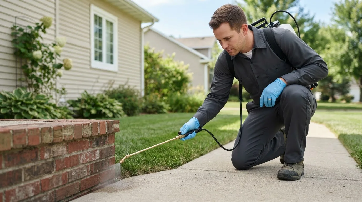 Pest control technician treating a home near South Barre, MA